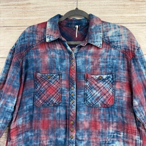 Free People Dip Dye Tunic Shacket Shirt Womens Small Blue Red Purple Button Down - Picture 3 of 13